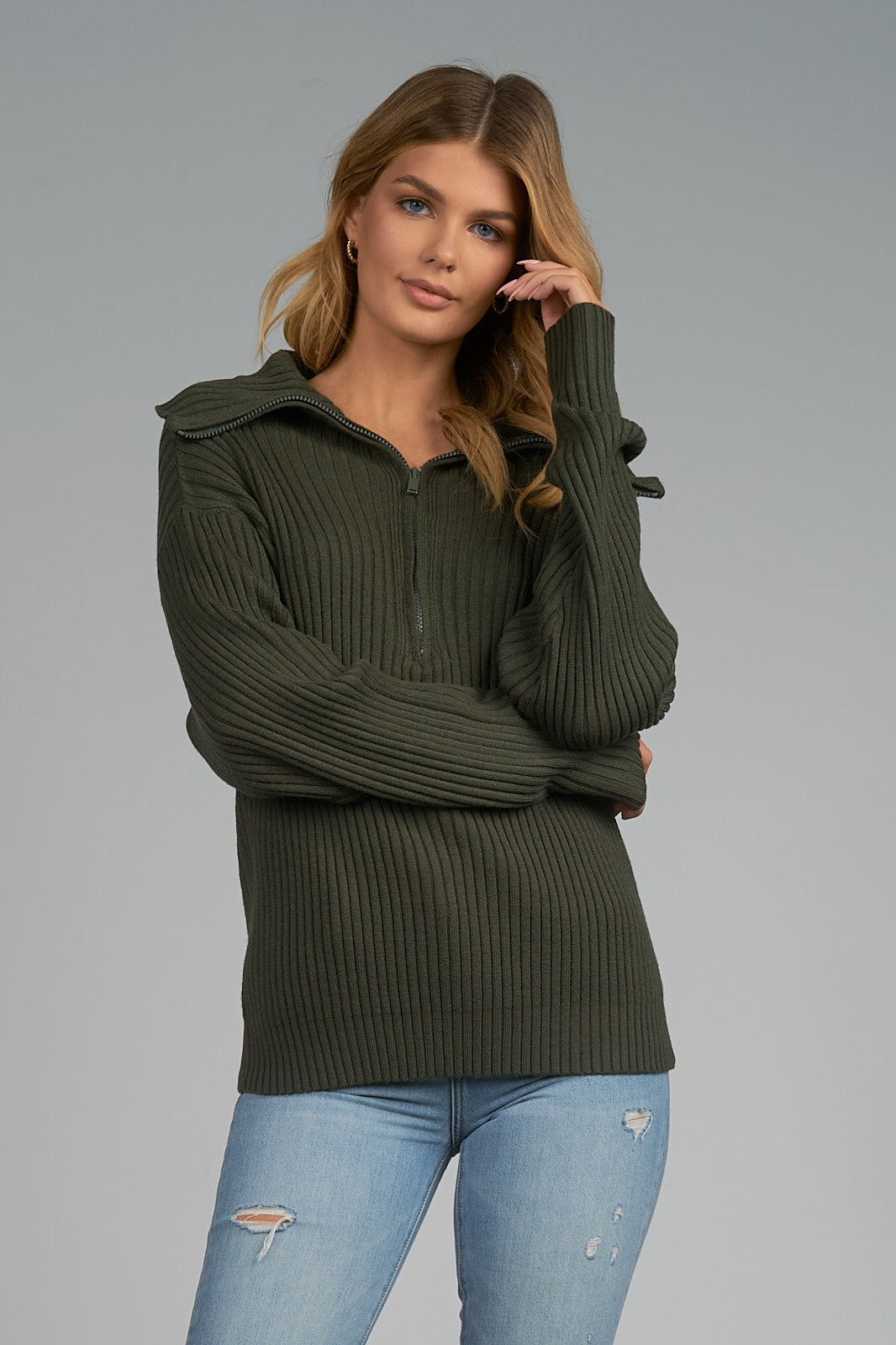 Elan Olive Green Ribbed Zipper Front Sweater