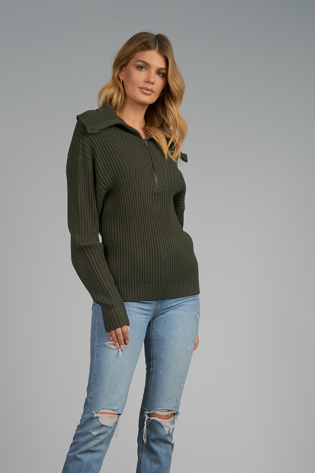 Elan Olive Green Ribbed Zipper Front Sweater