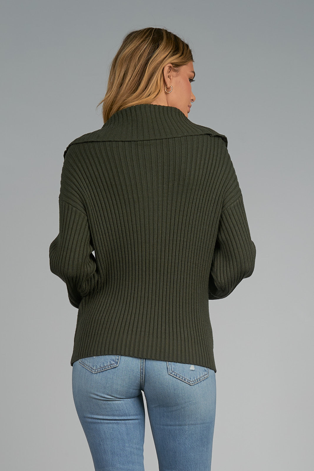 Elan Olive Green Ribbed Zipper Front Sweater