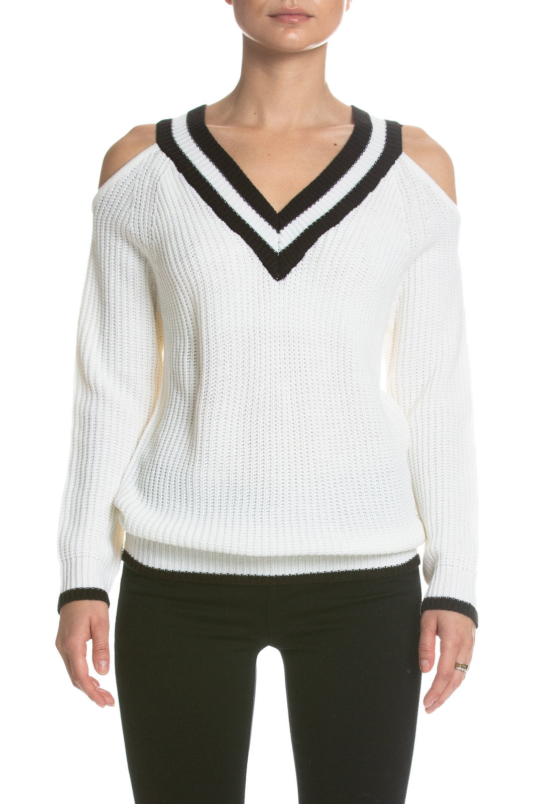 Ivory and Black Cut Out Varsity Sweater