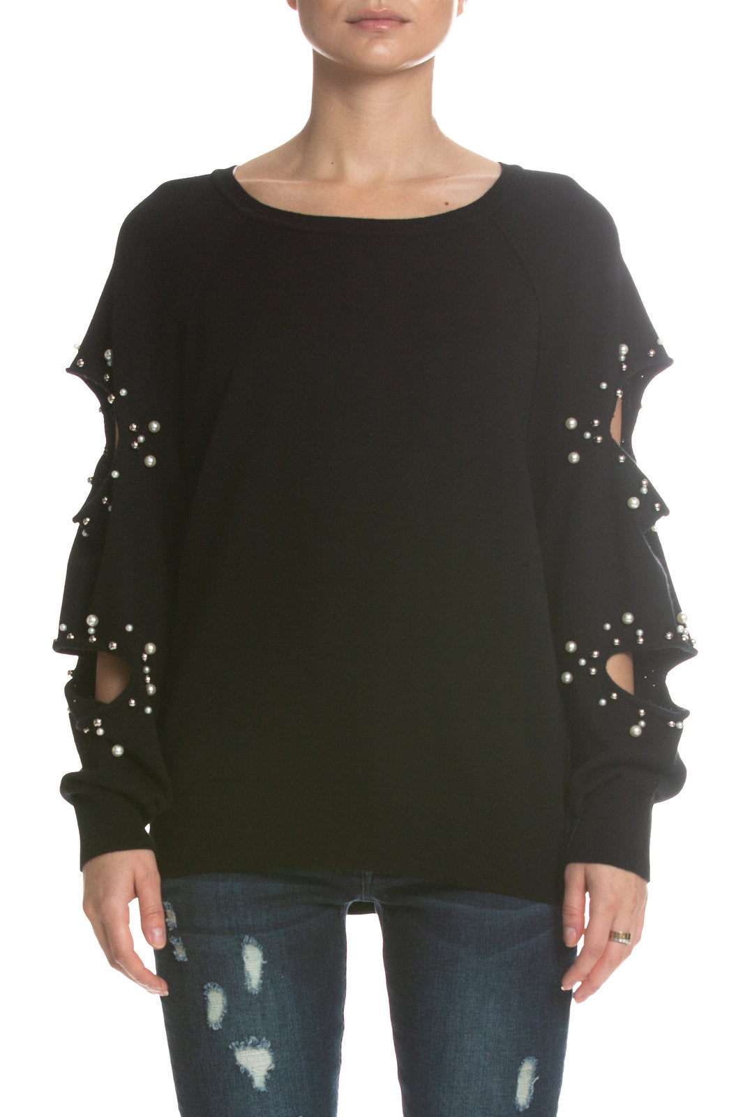 Faux Pearl Sweater with Cut Out Sleeves