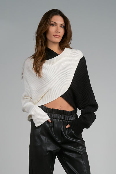 Elan Black Cream Color Block Crop Sweater