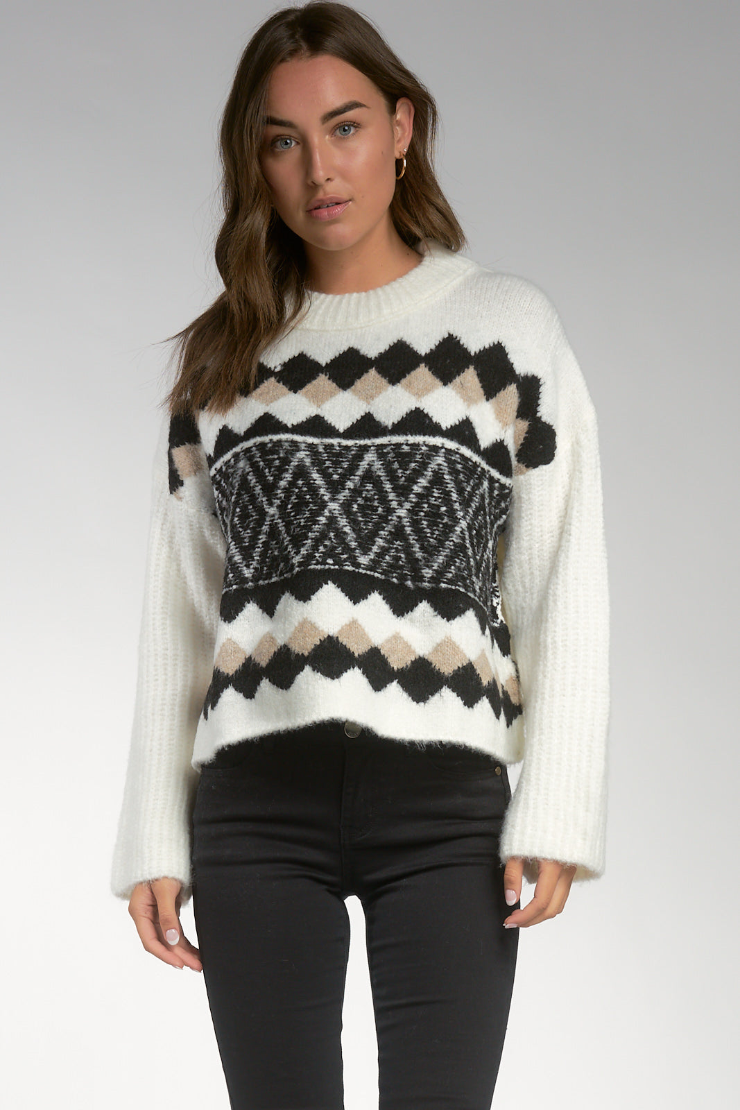 Ivory/Black Tribal Print Crew Neck Sweater