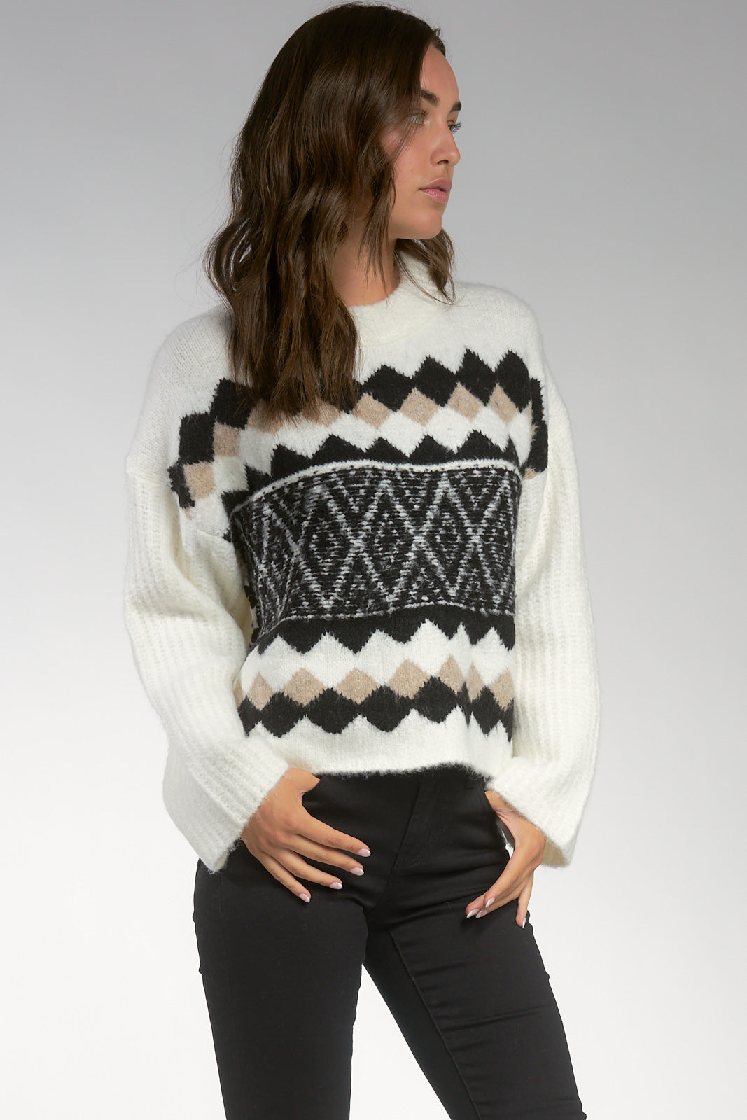 Ivory Black Tribal Print Crew Neck Sweater