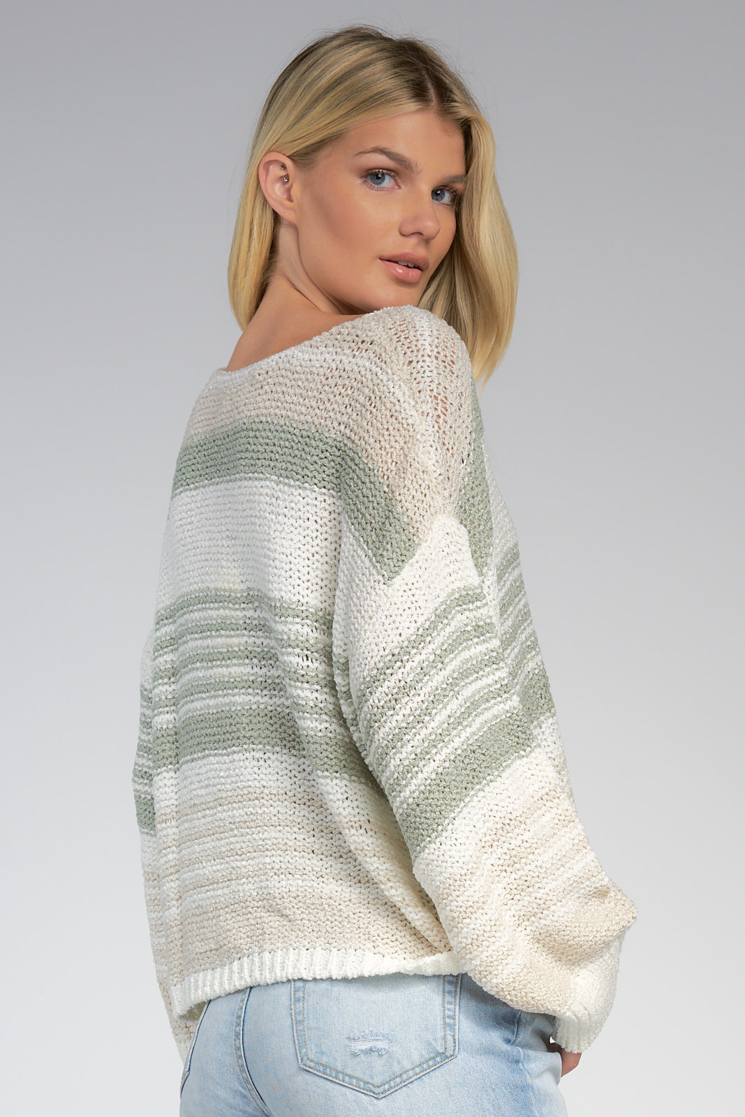 Sage Striped V-Neck Sweater