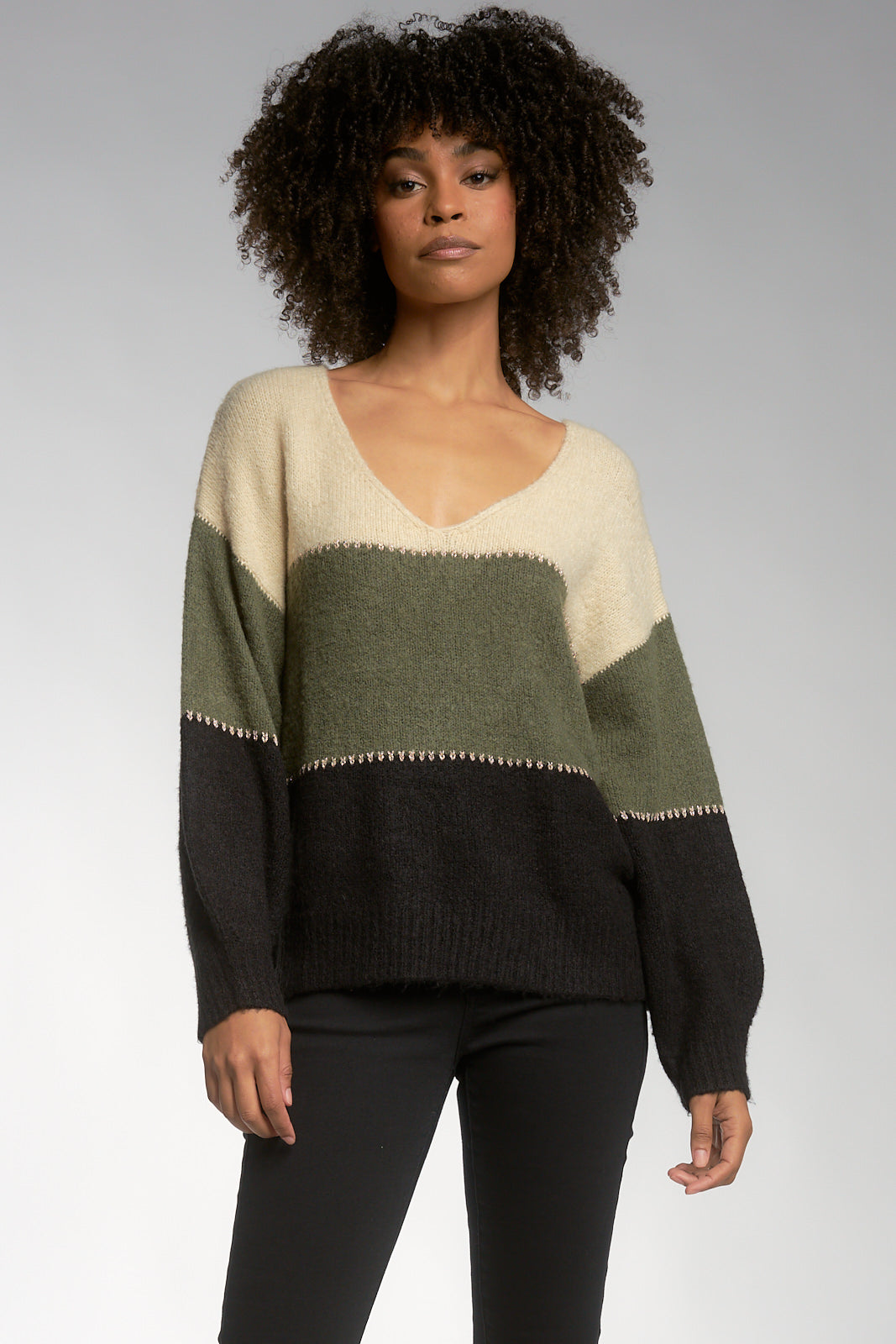 Block Stripe V-Neck Sweater