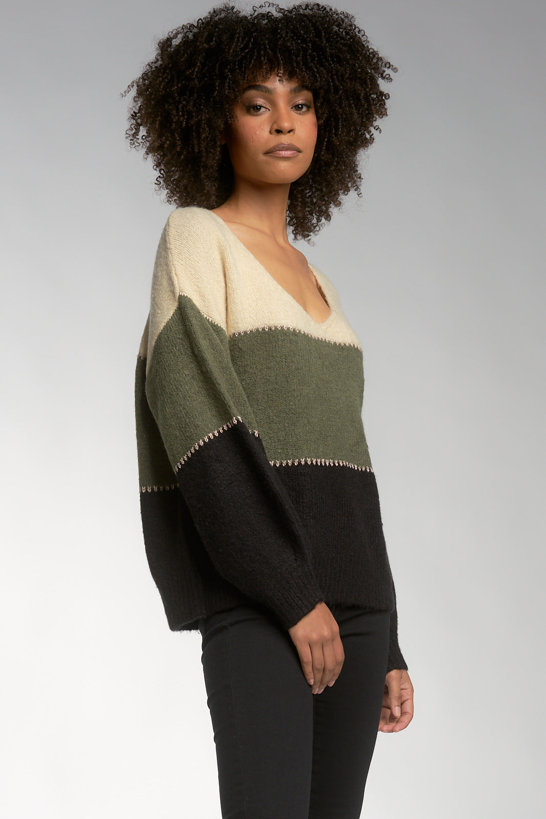 Block Stripe V-Neck Sweater