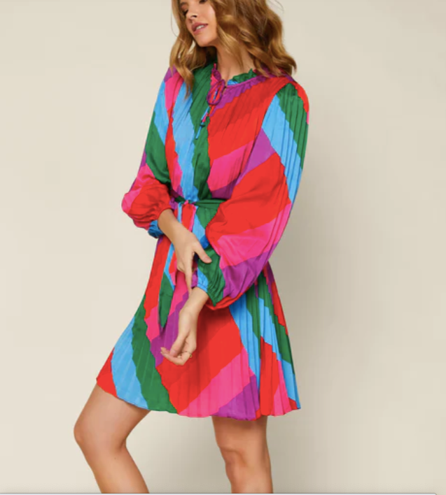 striped pleated mini dress Fresh Lines Pleated Mini Blue Stripe The Dirt Road (TDR)