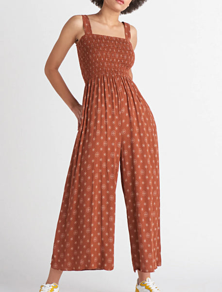 DEX Rust Printed Smocked Jumpsuit