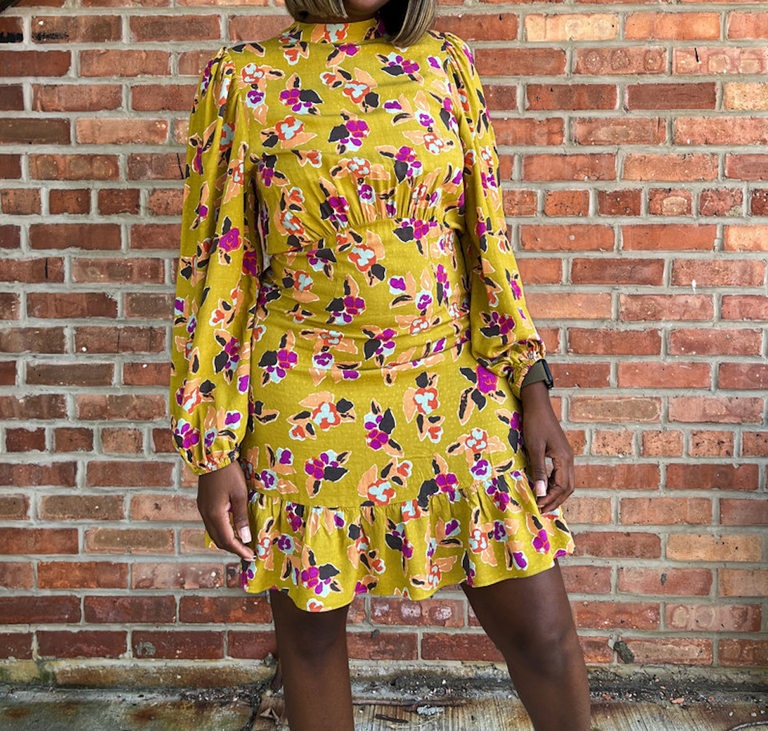 FRNCH Earthy Green Floral Hilda Woven Dress