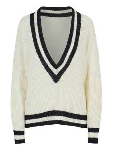 Cream and Black Varsity V Neck Sweater