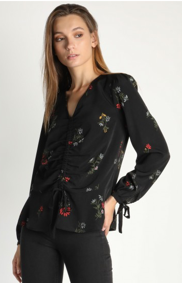 Black Floral Ruched Top