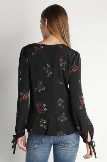 Black Floral Ruched Top