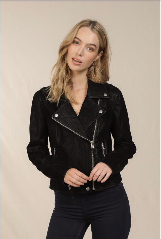 Black Faux Suede Moto Jacket at Maria Vincent Boutique
