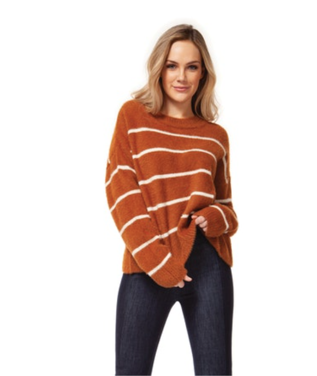 Camel and Ivory Stripe Scoop Neck Sweater