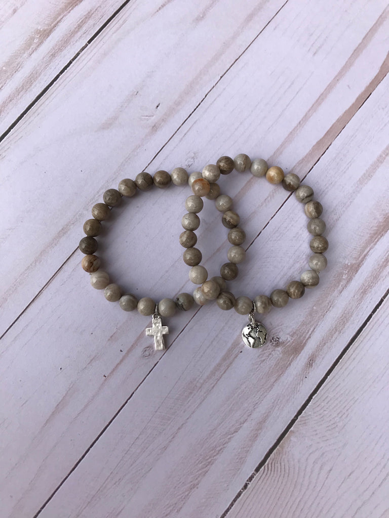 Silver Leaf Small Beaded Charm Stretch Bracelet