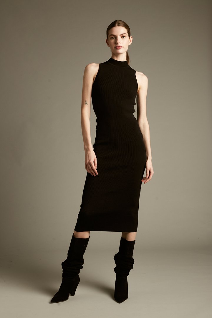 sleeveless turtleneck midi dress Ribbed Sleeveless Turtleneck Midi Dress Black