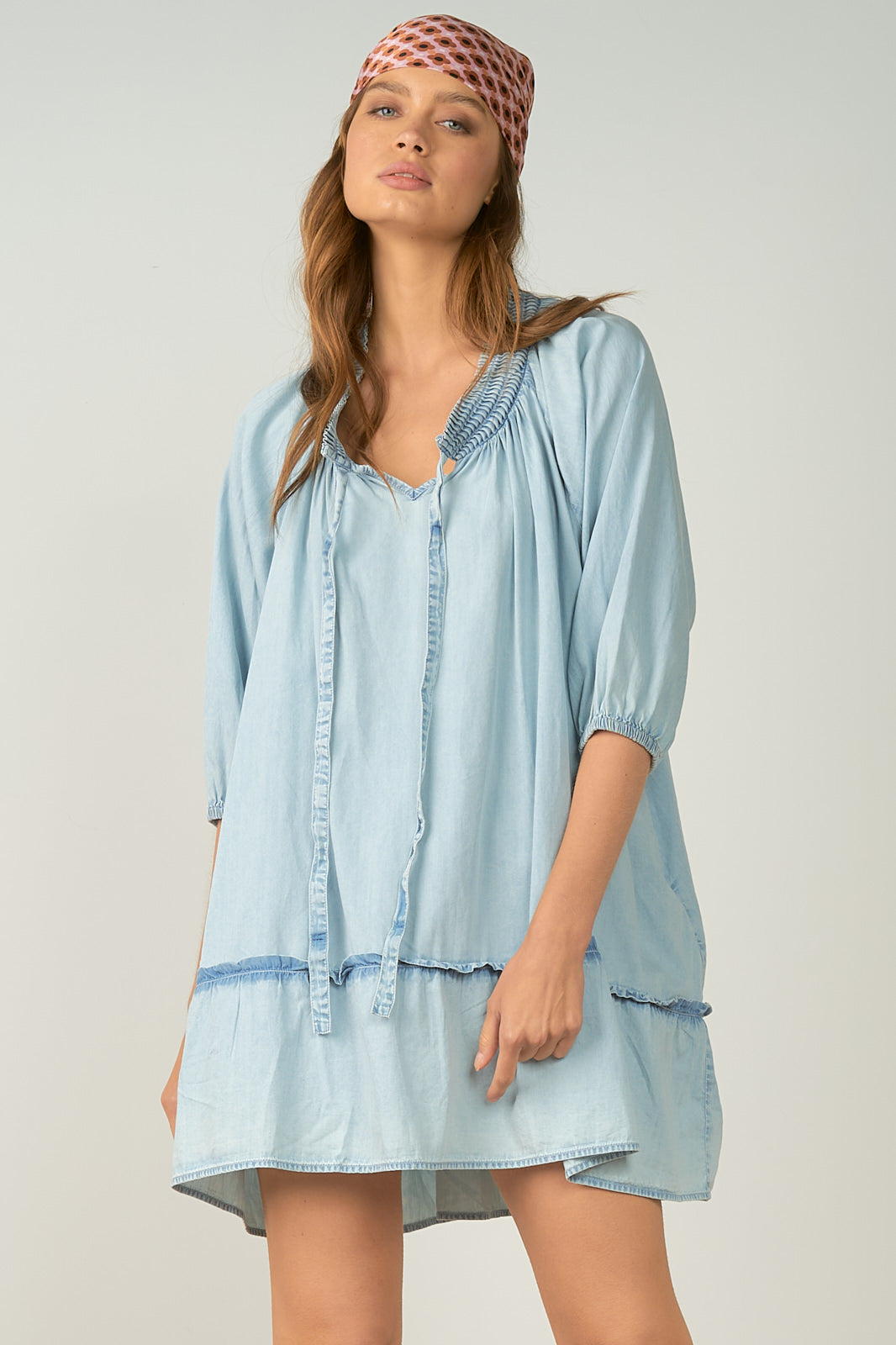 Elan Light Wash 3/4 Sleeve Denim Dress Elan Light Wash 3/4 Sleeve Denim Dress