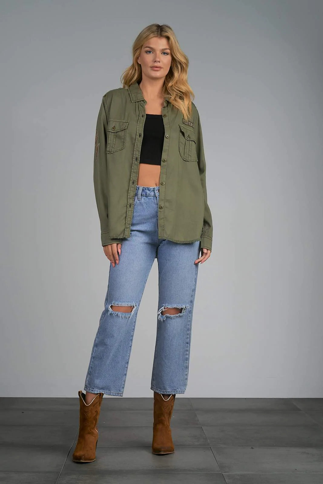 Elan Olive Green Distressed Shacket at Maria Vincent Boutique