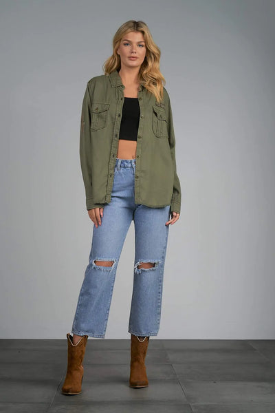 Elan Olive Green Distressed Shacket