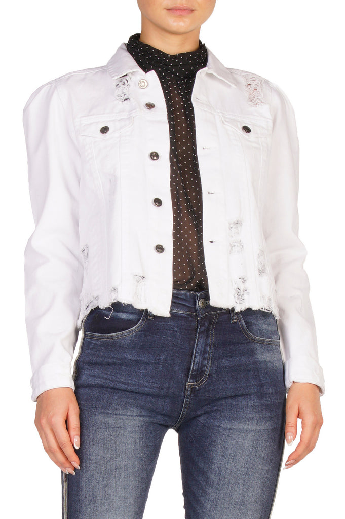 White Denim Jacket with Puff Shoulder