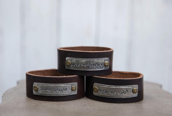 Inspirational Stamped Brown Leather Cuff