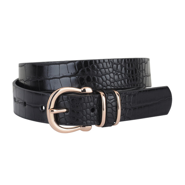 Black Crocodile Print Leather Belt