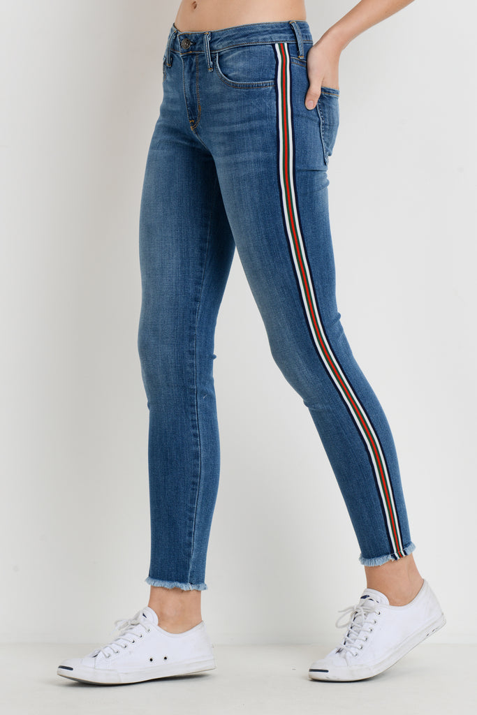 Skinny Stripe Jeans with Frayed Hem