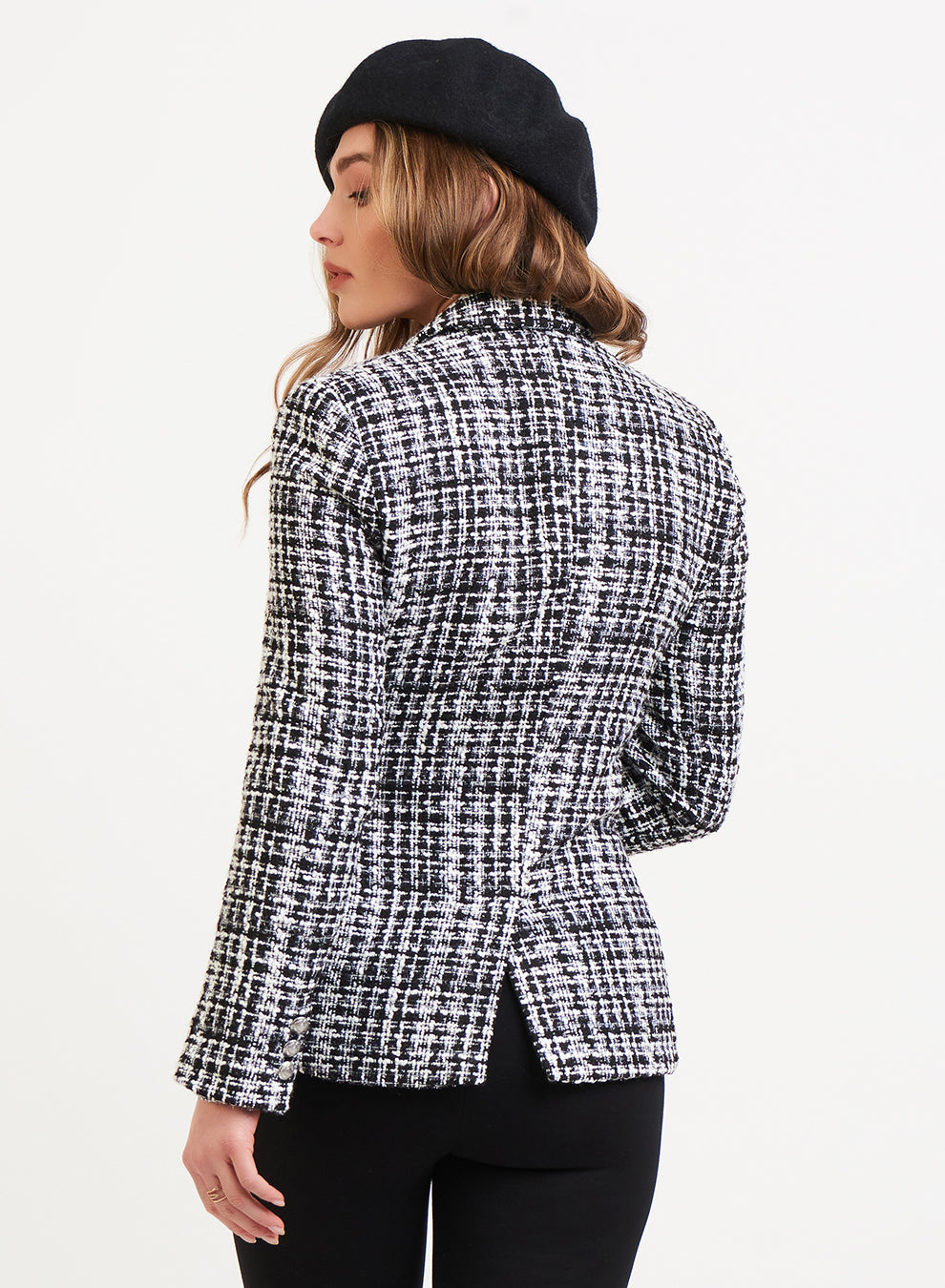 Black and White Double Breasted Tweed Blazer