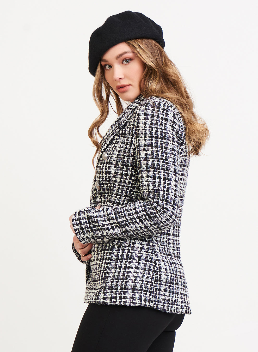 Black and White Double Breasted Tweed Blazer