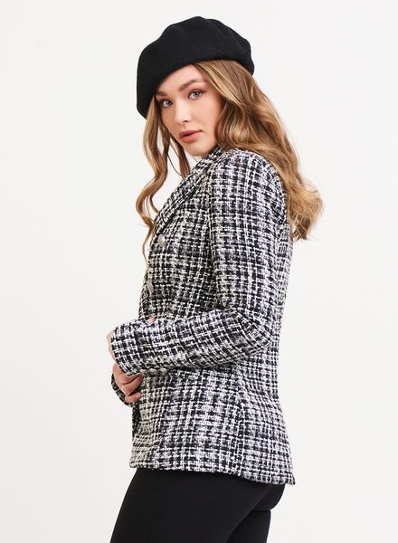 Black and White Double Breasted Tweed Blazer