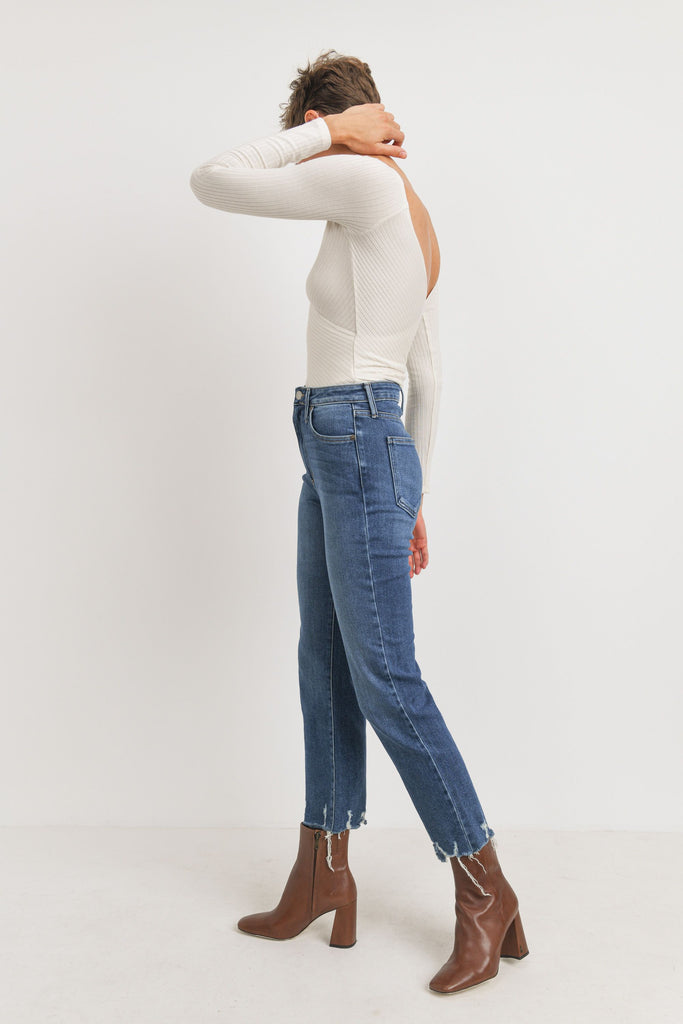 High Rise Straight Leg with Distressed Hem