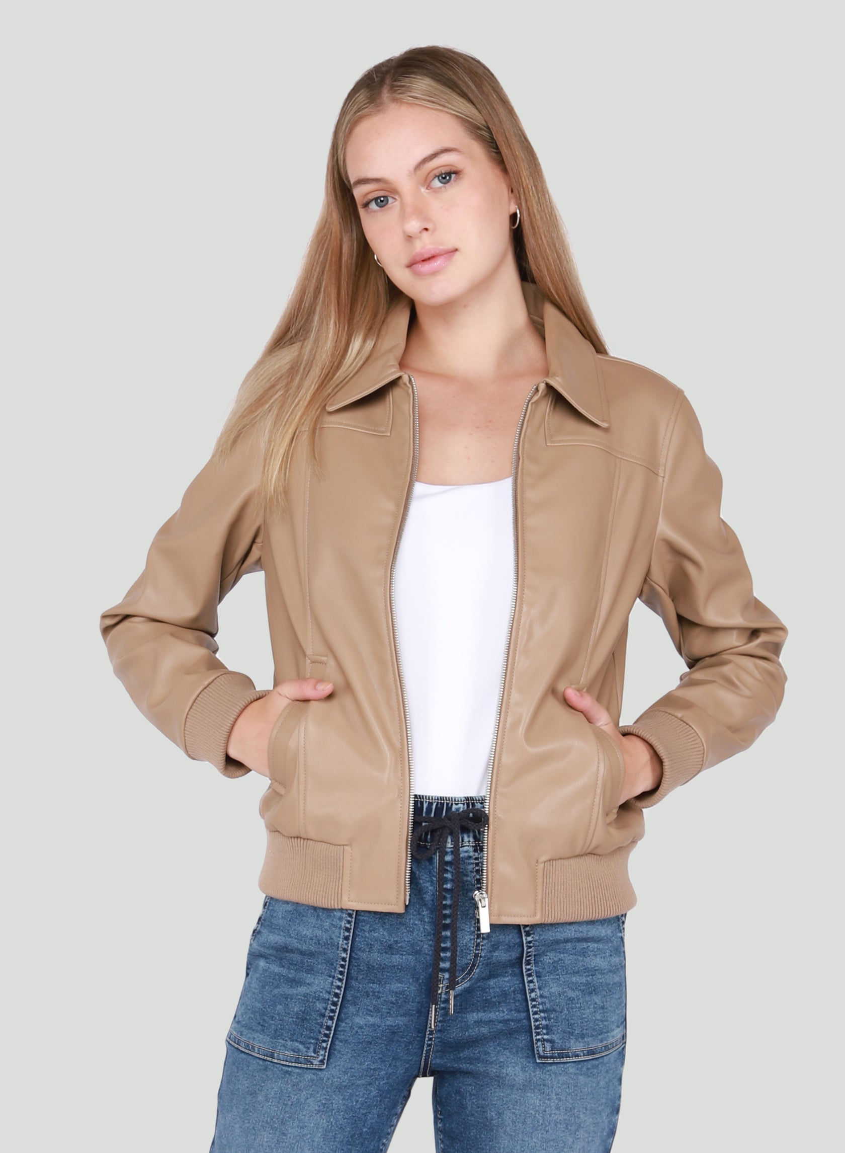 Black Tape Light Camel Faux Leather Bomber Jacket at Maria Vincent Boituque  – Maria Vincent Boutique