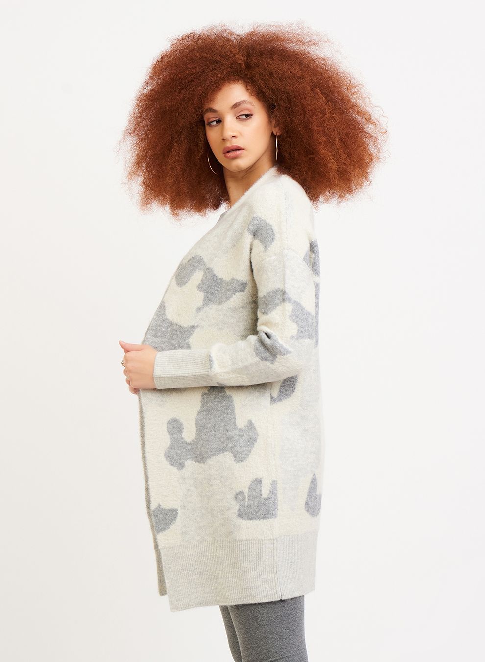 Grey Camouflage Long Cardigan Sweater