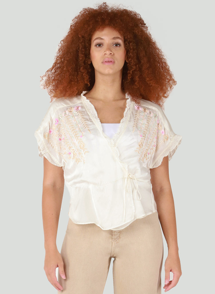 Dex Cream Embroidered Wrap Top