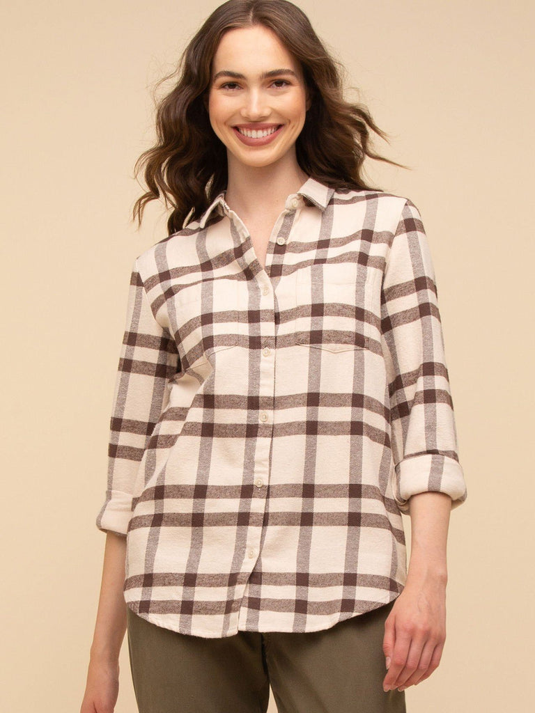 Ivory and Brown Plaid "Drexel" Button Down Top