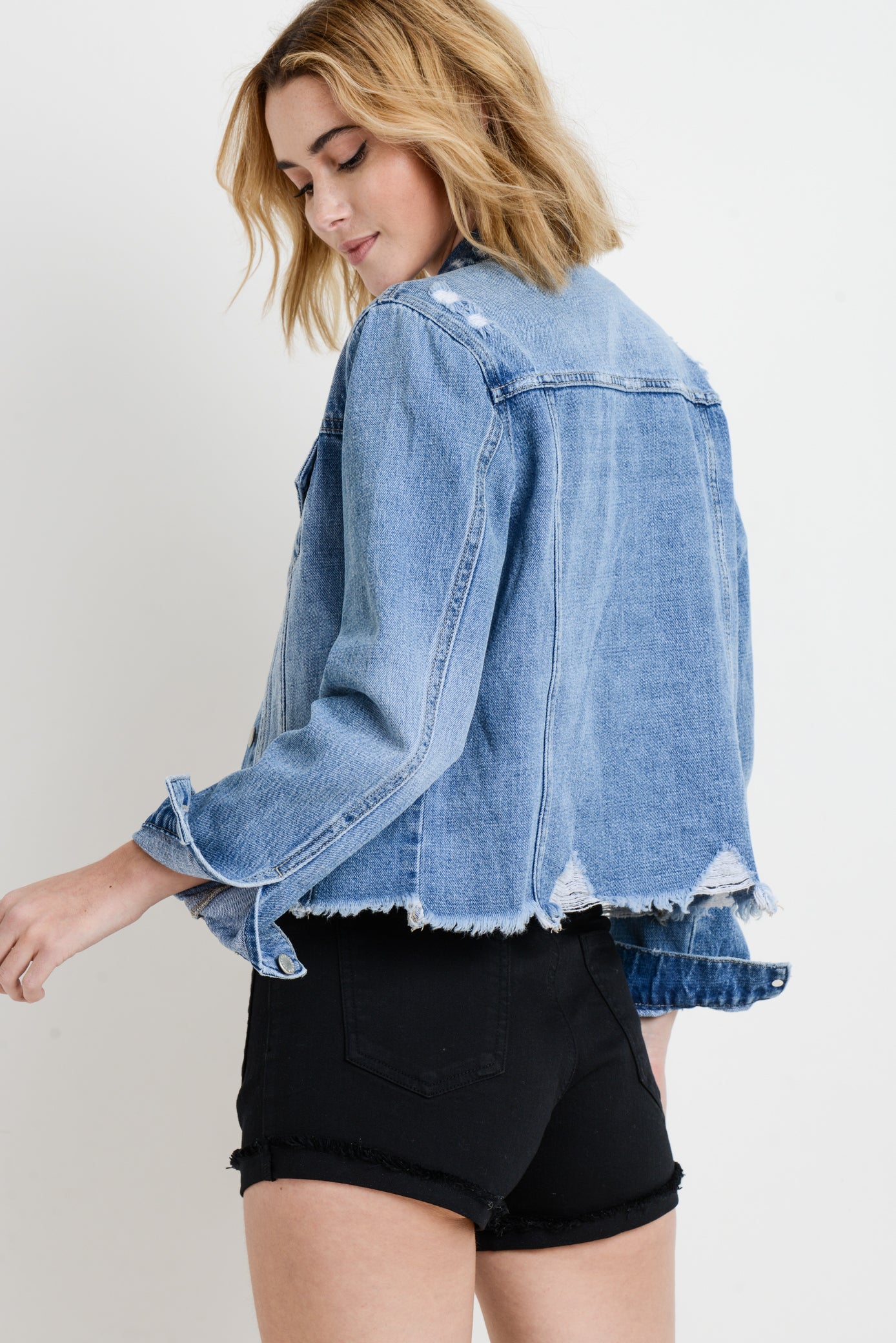 Denim Jacket with Hem Destruction