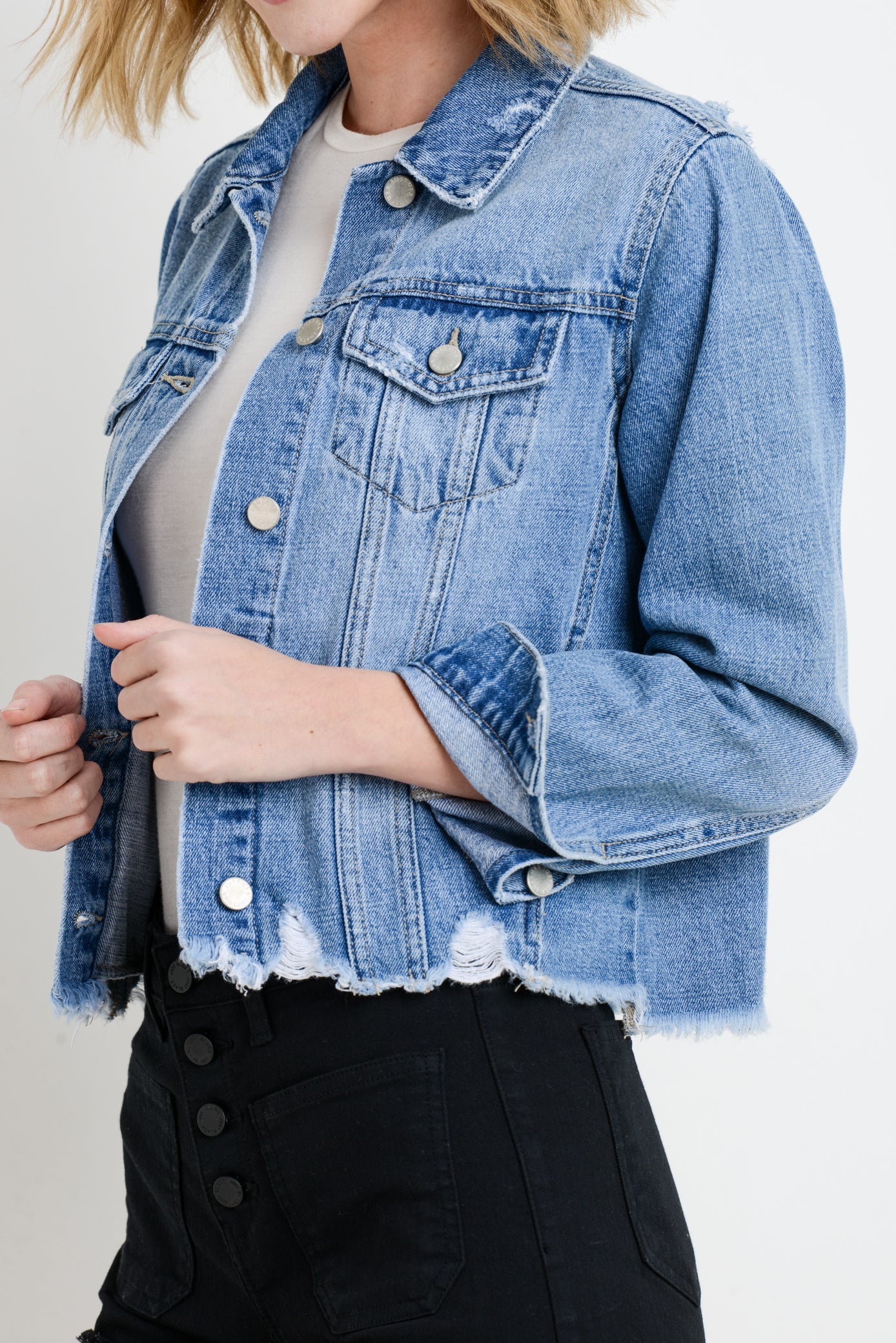 Denim Jacket with Hem Destruction