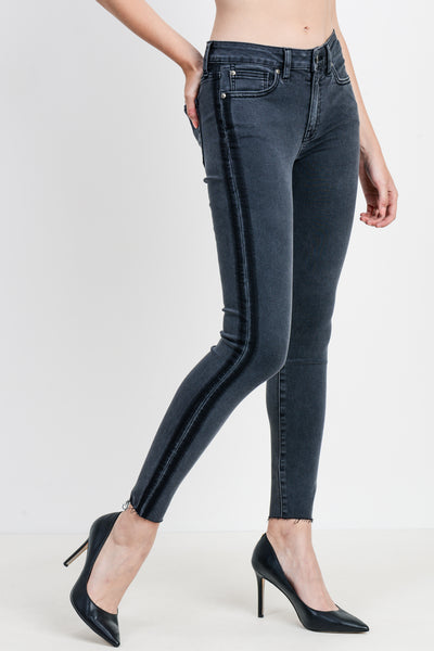 High Rise Washed Black Skinny Jeans with Shadow Stripe
