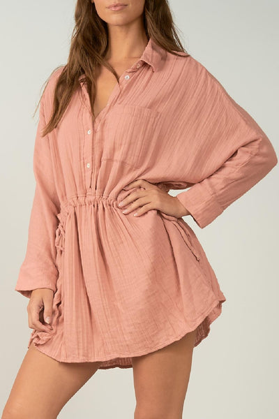 Elan Dusty Rose Cinched Long Sleeve Tunic Dress