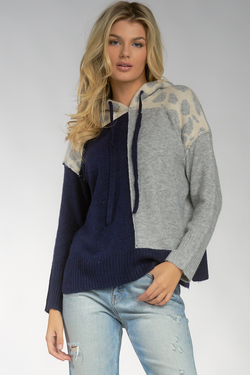 Navy Grey Color Block Hoodie Sweater