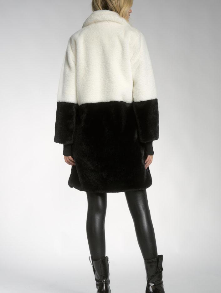 Black White Color Block Long Faux Fur Coat