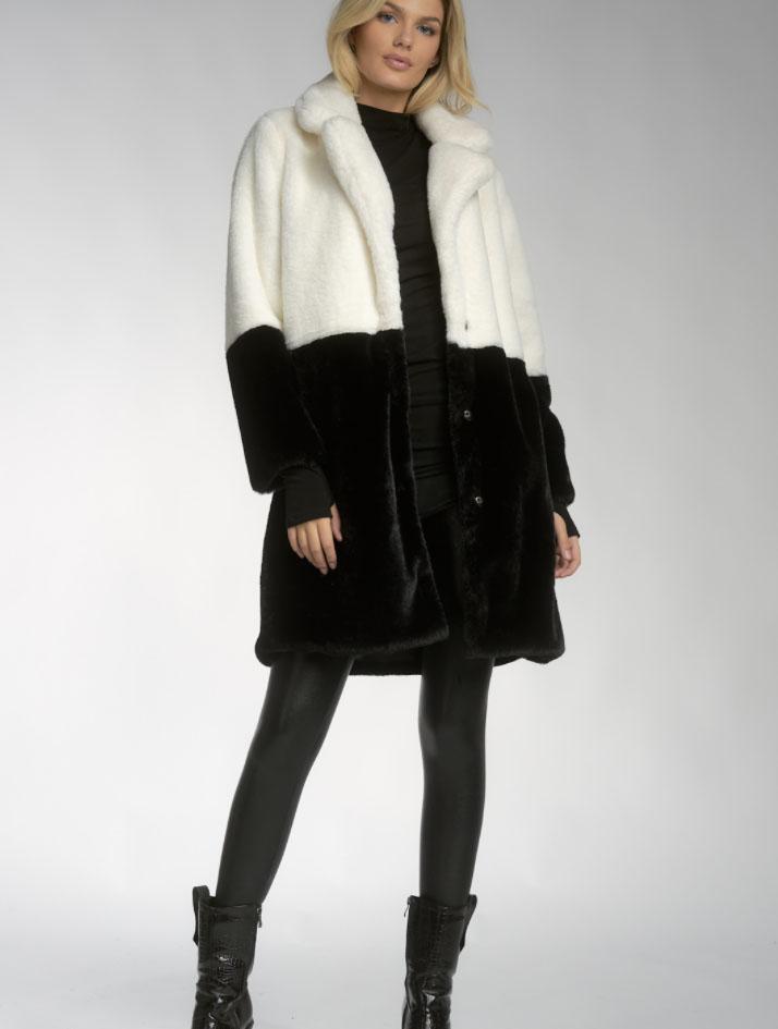 Black White Color Block Long Faux Fur Coat