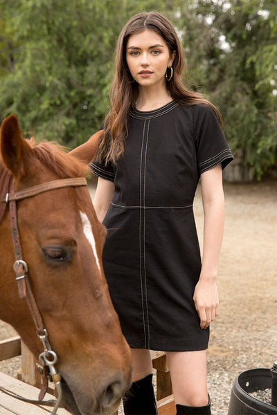 Black Short Sleeve A-Line Dress