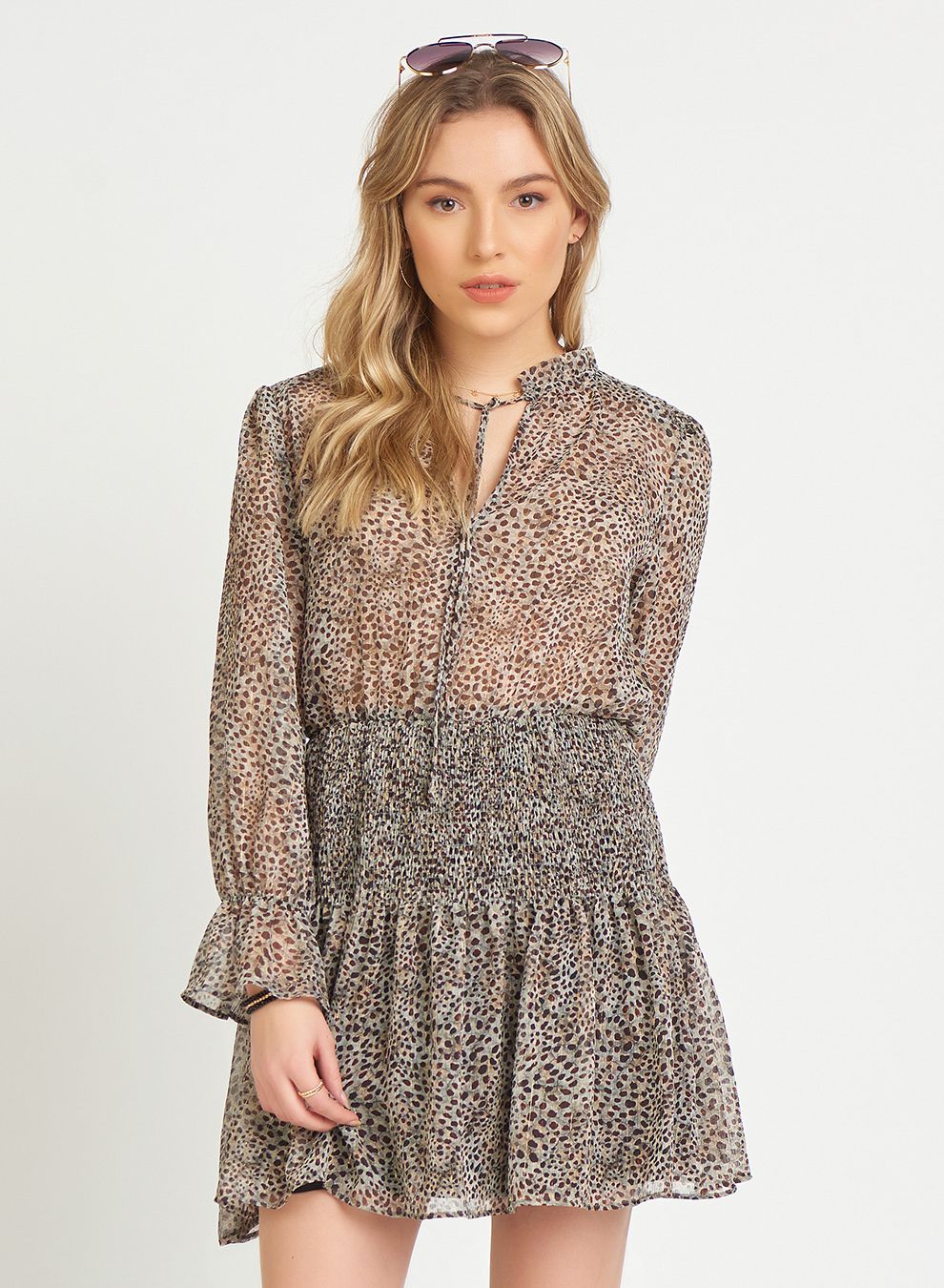 DEX Leopard Print Smocked Waist Dress