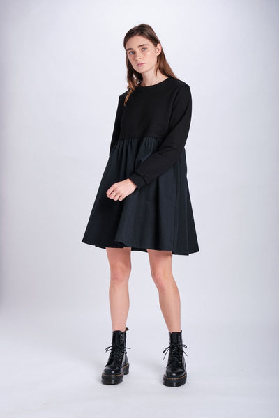 Black Long Sleeve Mixed Media Babydoll Dress