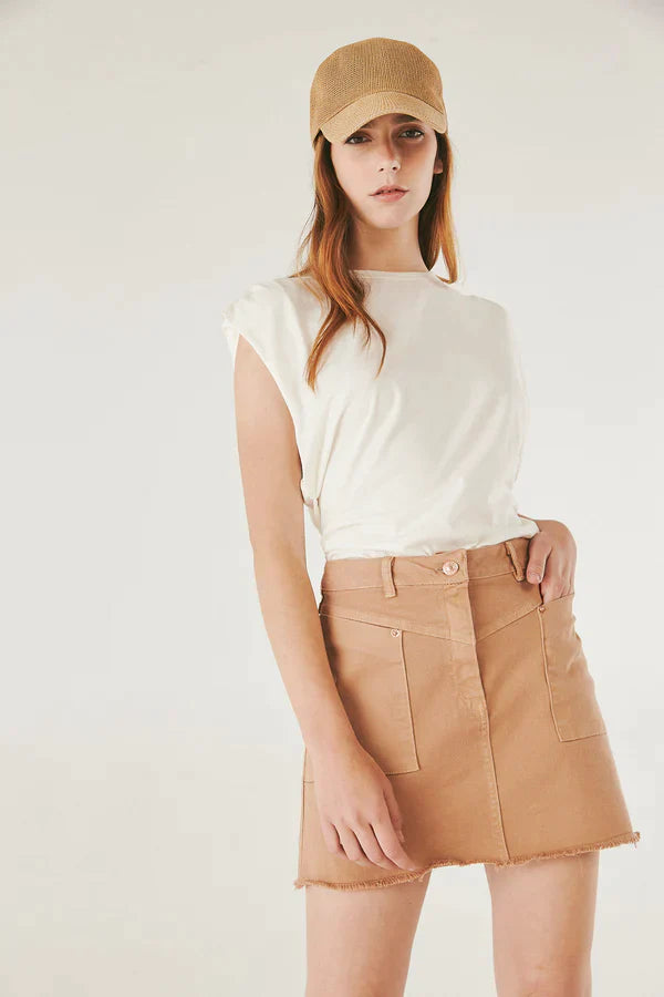 Tan best sale denim skirt
