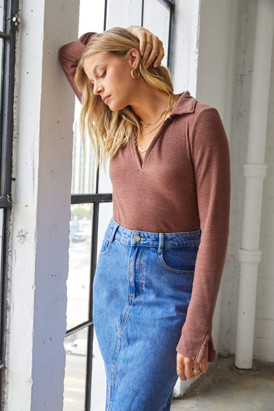 Rust Collared Rib Long Sleeve Top