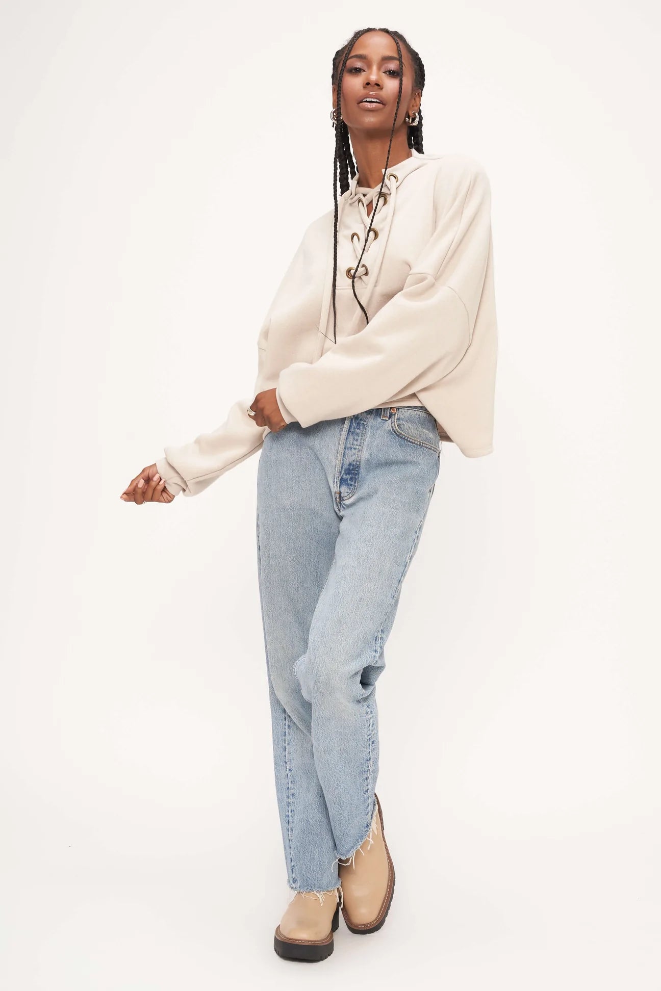 Project Social T Raw Linen Moe Lace Up Sweatshirt at Maria Vincent Boutique