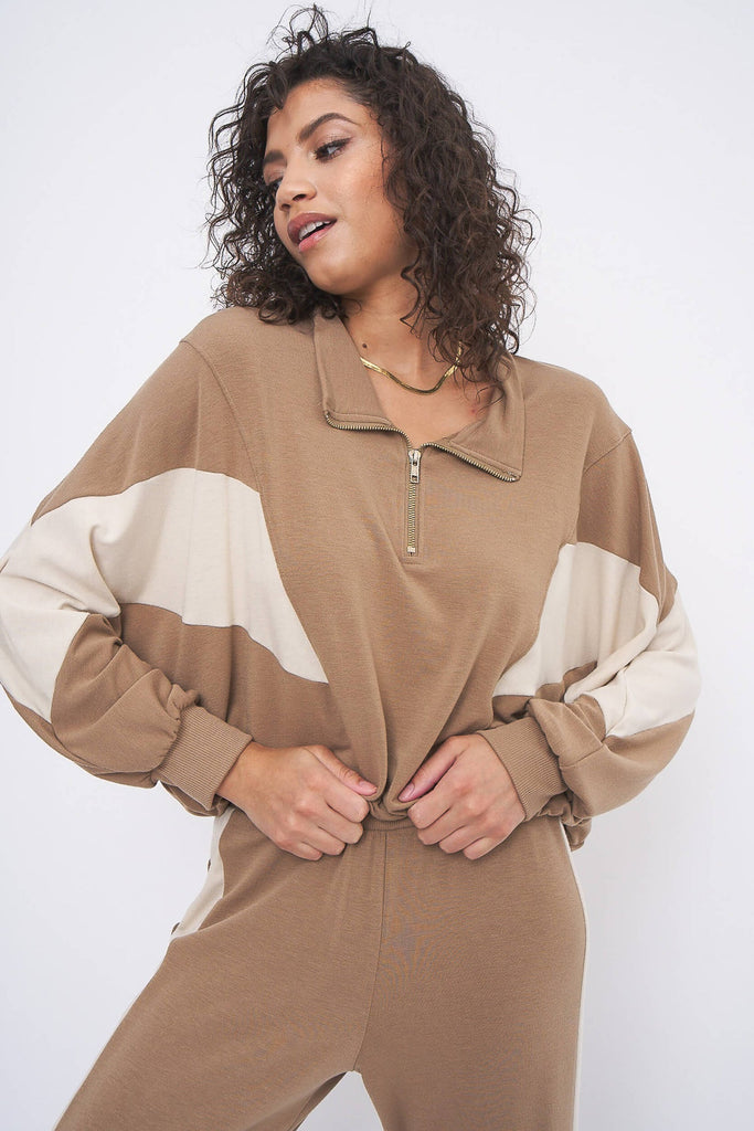 Project Social T Play It Cool Tan Color Blocked Sweatshirt